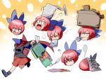  &gt;_&lt; 1girl ? bag book_stack bow box cape cardboard_box carrying disembodied_head giving_up_the_ghost hair_bow headless jeno mouth_hold open_mouth red_eyes redhead running sekibanki shirt shocked_eyes skirt solo touhou 
