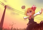  1girl ascot blonde_hair bush commentary_request facing_away fang gomasamune grass hair_ornament hair_ribbon kedama long_sleeves open_mouth outstretched_arms red_eyes ribbon rumia short_hair skirt skirt_set sky smile solo spread_arms sunken_cheeks tagme telephone_pole touhou twilight 