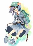  1girl aqua_eyes backpack bag belt blue_hair bow hair_bow hat kawashiro_nitori key solo touhou twintails yuuhagi_(amaretto-no-natsu) 