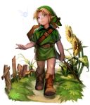  1boy belt blonde_hair blue_eyes boots charcoalo flower full_body hat link male mushroom nature navi ocarina_of_time pointy_ears shield smile solo_focus stick sunflower sword the_legend_of_zelda walking weapon young_link 