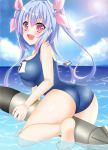  1girl ass blue_hair breasts floating hair_ribbon hasu_(velicia) highres i-19_(kantai_collection) kantai_collection long_hair looking_back name_tag ocean one-piece_swimsuit open_mouth personification red_eyes ribbon school_swimsuit smile solo star star-shaped_pupils sun sunlight swimsuit symbol-shaped_pupils torpedo twintails 