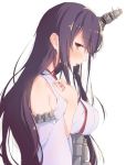  1girl aida_takanobu bare_shoulders blush breasts bust detached_sleeves fusou_(kantai_collection) hair_ornament hand_on_own_chest kantai_collection long_hair parted_lips profile purple_hair red_eyes rough simple_background solo white_background 
