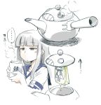  ... 2girls :&lt; blue_eyes brown_eyes character_request cup ikusotsu kantai_collection multiple_girls simple_background smoke teabag teacup teapot translation_request white_hair wo-class_aircraft_carrier 