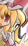  1girl against_glass ascot blonde_hair fang flandre_scarlet gomasamune hat open_mouth red_eyes side_ponytail simple_background smile solo tagme touhou white_background 