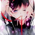  1girl akemi_homura ayumaru_(art_of_life) black_hair hands_on_another&#039;s_cheeks hands_on_another&#039;s_face long_hair magical_girl mahou_shoujo_madoka_magica mouth_hold red_ribbon ribbon simple_background smile violet_eyes white_background 