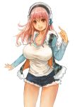 1girl blush breasts headphones large_breasts long_hair looking_at_viewer nitroplus open_mouth pink_hair red_eyes short_shorts shorts smile solo super_sonico 