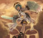  1girl angel angel_wings blush clouds gloves green_hair halo highres hinapikorin open_mouth original panties short_hair sky solo sword underwear weapon wings yellow_eyes 