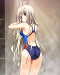  1girl 5pb. armpits ass back bare_shoulders blonde_hair chaos;head chaos;head_love_chu_chu! competition_swimsuit highres kusunoki_yua long_hair looking_at_viewer looking_back matsuo_yukihiro nitroplus official_art one-piece_swimsuit open_mouth shower solo standing swimsuit very_long_hair yellow_eyes 