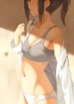  1girl bare_shoulders blush bra brown_hair grey_bra head_out_of_frame kinta_(distortion) long_hair navel open_clothes open_mouth original panties shirt smile solo sweat sweating underwear undressing white_panties white_shirt 