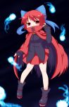  1girl ankle_boots black_background boots bow cape covering_mouth full_body hair_bow head_tilt highres hitodama looking_at_viewer raised_hand red_eyes redhead saado_(thirdflogchorus) sekibanki short_hair simple_background skirt sleeves_past_wrists solo standing touhou 