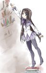  1girl akemi_homura argyle black_hair drawfag hairband high_heel_boots high_heels highres kaname_madoka long_hair magical_girl mahou_shoujo_madoka_magica manga_(object) reaching skirt solo tiptoes trembling violet_eyes 