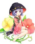  1girl barefoot bowl flower japanese_clothes kimono purple_hair short_hair sitting solo sukuna_shinmyoumaru touhou violet_eyes white_background yokozuwari yuuhagi_(amaretto-no-natsu) 