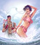  1boy 1girl abs bikini black_hair breasts brown_eyes brown_hair headband kasugano_sakura muscle_spark pectorals rafael_caravaca ryuu_(street_fighter) short_hair side-tie_bikini small_breasts street_fighter swimsuit tubetop under_boob wading 