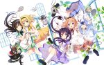  5girls :d :o ;) ahoge anko_(gochuumon_wa_usagi_desuka?) apron blonde_hair blue_dress blue_eyes blue_hair blush blush_stickers bow brown_hair card clubs crown cup diamond_(shape) dress full_body gochuumon_wa_usagi_desuka? green_dress green_eyes hair_ribbon hairband hands_together hat heart holding hoto_cocoa interlocked_fingers kafuu_chino key kirima_sharo kneehighs koi_(koisan) long_hair looking_at_viewer mary_janes mini_crown mini_top_hat multiple_girls neck_ribbon official_art one_eye_closed open_mouth pink_dress playing_card pocket_watch purple_dress purple_hair rabbit ribbon roman_numerals saucer shoes short_sleeves smile spade striped striped_dress teacup teapot tedeza_rize tippy_(gochuumon_wa_usagi_desuka?) top_hat twintails ujimatsu_chiya upside-down vines violet_eyes watch white_legwear wink wrist_cuffs yellow_dress 