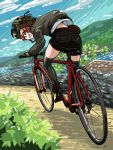  1girl bicycle boots brown_legwear clouds girls_und_panzer goggles grin helmet jacket looking_at_viewer looking_back outdoors r-ex riding road shirt short_shorts shorts sky smile solo thigh-highs white_shirt 