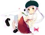  1girl blush hair_bobbles hair_ornament hat heart looking_at_viewer ogipote original shirt shoes_removed silver_hair simple_background skirt solo thigh-highs twintails white_background white_legwear yellow_eyes zettai_ryouiki 