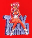  1girl 90s animal_ears artist_name blush boots breasts cat_ears cleavage dark_skin dragon_pink drill_hair itoyoko large_breasts long_hair oldschool open_mouth pink_(dragon_pink) pink_hair smile solo tail tiger_print 
