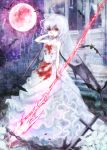  1girl bare_arms bare_shoulders bat bat_wings blood bloody_dress bloody_hands bridal_veil chain dress full_moon highres hoshibuchi looking_at_viewer moon red_eyes red_moon remilia_scarlet scarlet_devil_mansion silver_hair sky solo spear_the_gungnir strapless_dress touhou veil wedding_dress white_dress wings 