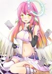  +_+ 1girl angel_wings blush breasts elbow_gloves feathered_wings gloves gradient_hair jibril_(no_game_no_life) long_hair low_wings magic_circle midriff mismatched_legwear multicolored_hair navel no_game_no_life orange_hair pink_hair sitting smile solo tailam white_wings wings yellow_eyes 