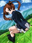  1girl back black_legwear boots brown_eyes brown_hair clouds forest from_behind girls_und_panzer grass hair_ribbon kadotani_anzu long_hair looking_at_viewer looking_back military military_uniform miniskirt nature open_mouth outdoors pleated_skirt r-ex ribbon sitting skirt sky socks solo twintails uniform wind 