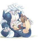  1boy 1girl abs animal_costume animal_ears bunny_costume character_request cosplay dai_(mebae16) gamagoori_ira height_difference helmet horns kill_la_kill lopunny lopunny_(cosplay) mankanshoku_mako muscle pectorals pokemon rabbit_ears sitting sitting_on_lap sitting_on_person smile tail 