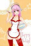  1girl absurdres apron blush breasts cleavage happy_birthday headphones highres large_breasts long_hair looking_at_viewer nitroplus open_mouth pink_eyes pink_hair solo super_sonico thighhighs whipped_cream 