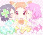  3girls aikatsu! asakura_otome blue_hair blush chibi kiss kitaouji_sakura orange_eyes orange_hair pink_hair short_hair twin_buns 