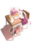  1girl ahoge blush chair closed_eyes desk from_above glasses headrest kantai_collection long_hair long_sleeves makigumo_(kantai_collection) nagian pantyhose pink_hair purple_skirt rimless_glasses school_uniform sitting skirt sleeping sleeves_past_wrists solo 
