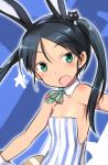  1girl animal_ears bare_shoulders black_hair blush fang francesca_lucchini green_eyes hairband long_hair looking_at_viewer lowres open_mouth ribbon shimada_fumikane smile solo strike_witches twintails 