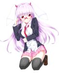  1girl animal_ears blazer breasts glasses hikyakuashibi kneeling long_hair necktie purple_hair rabbit_ears red-framed_glasses red_eyes reisen_udongein_inaba shirt skirt solo thigh-highs touhou 