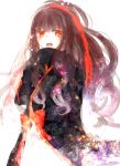  1girl artist_request azami_(kagerou_project) black_hair blush hair_ornament highres japanese_clothes kagerou_project long_hair looking_at_viewer monster_girl open_mouth red_eyes scarf simple_background solo white_background 