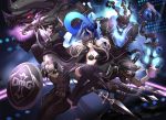  2girls 3boys alternate_costume belt bikini_top black_hair hat helmet highres holding_weapon horns jacket_on_shoulders league_of_legends liuruoyu8888 long_hair multiple_boys multiple_girls pantheon_(league_of_legends) pants polearm shield shyvana smile spear sunglasses syndra thresh twitch violet_eyes weapon white_hair 