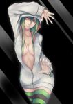  1girl absurdres against_glass breasts cleavage green_eyes green_hair hair_over_breasts highres hoodie jikeshi long_hair looking_at_viewer no_bra original solo striped striped_legwear thighhighs unzipped 