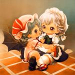  2girls bat_wings blue_hair brown_eyes gloves holding_hands izayoi_sakuya maid_headdress mary_janes mob_cap multiple_girls red_eyes remilia_scarlet shoes short_hair short_twintails silver_hair sitting sitting_on_lap sitting_on_person smile socks souri thighhighs tile_floor tiles touhou twintails wings young 