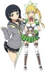  2girls black_hair blonde_hair braid dual_persona echizen_(hvcv) green_eyes highres kirigaya_suguha leafa leafa_(sao:im) long_hair multiple_girls pointy_ears ponytail school_uniform serafuku short_hair sword sword_art_online twin_braids weapon 