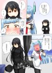  2girls blush comic female_admiral_(kantai_collection) fingerless_gloves full-face_blush gloves highres kantai_collection kicking long_hair multiple_girls murakumo_(kantai_collection) naval_uniform niwatazumi pantyhose personification school_uniform tears translation_request 