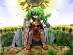  1girl ascot black_legwear bloodycat flower green_hair grin holding kazami_yuuka looking_at_viewer mary_janes outdoors pantyhose plaid plaid_skirt plaid_vest red_eyes shirt shoes short_hair sitting skirt sky smile solo sunflower throne touhou umbrella vest vines wind 