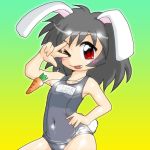  1girl :p animal_ears black_hair blush carrot covered_navel hand_on_hip inaba_tewi one-piece_swimsuit rabbit_ears red_eyes school_swimsuit shiny solo swimsuit tongue touhou whistle winn 