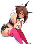  1girl belly breasts brown_hair cleavage green_eyes heart highres kantai_collection mutsu_(kantai_collection) nac000 navel pink_legwear short_hair smile smle solo thigh-highs thighs 