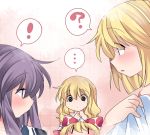  ! ... 3girls alice_margatroid blonde_hair blue_eyes book bow bust commentary_request hair_bow hammer_(sunset_beach) kirisame_marisa long_hair multiple_girls no_hat patchouli_knowledge purple_hair short_hair spoken_exclamation_mark touhou violet_eyes |_| 