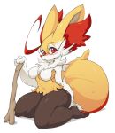  1girl ahoge animal_ears bespectacled blush braixen breasts fox_ears freckles fur furry glasses huge_ahoge no_humans no_nipples nude pokemon pokemon_(creature) pokemon_(game) pokemon_xy red_eyes sitting slugbox snout solo stick tail thick_thighs thighs wariza 