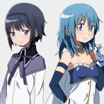  2girls akemi_homura alternate_hair_length alternate_hairstyle bangs black_hair blue_eyes blue_hair cape gloves hair_ornament hairband hairclip headband long_hair magical_girl mahou_shoujo_madoka_magica miki_sayaka multiple_girls ribbon short_hair swept_bangs violet_eyes white_gloves yoplait 