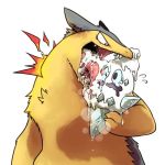  artist_request claws constricted_pupils fangs flame flying_sweatdrops food holding ice_cream jpeg_artifacts licking lowres melting no_humans open_mouth pokemon pokemon_(creature) saliva teardrop typhlosion vanillish 