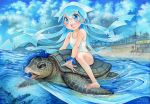  barefoot beach blue_eyes blue_hair blush bracelet happy hat ikamusume jewelry long_hair mosho ocean riding shinryaku!_ikamusume sky smile solo_focus swimsuit tentacle_hair traditional_media turtle water 