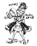  2girls alternate_costume banchou chain chained coat_on_shoulders gebyy-terar hat kill_la_kill lifting mankanshoku_mako matoi_ryuuko monochrome multiple_girls school_uniform serafuku sketch spoilers 