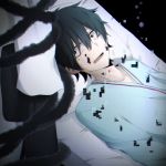  2boys artist_request bed black_eyes black_hair highres hospital_gown kagerou_project kokonose_haruka konoha_(kagerou_project) lying mole multiple_boys open_mouth out_of_frame scared short_hair spoilers 