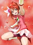  1girl arm_up bike_shorts cure_rouge haruyama_kazunori looking_at_viewer magical_girl natsuki_rin open_mouth precure red_background red_eyes short_hair skirt solo yes!_precure_5 yes!_precure_5_gogo! 