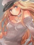  1girl bismarck_(kantai_collection) blonde_hair blue_eyes blush breasts hat kantai_collection long_hair looking_at_viewer military military_hat peaked_cap personification solo yumi_yumi 