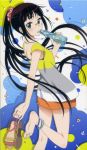  1girl absurdres anklet barefoot blush bottle brown_hair dress from_behind glasses green_eyes highres jewelry long_hair looking_at_viewer looking_back miyamoto_ruri necklace nisekoi official_art open_mouth ponytail sandals_removed scan scrunchie soles solo sugiyama_nobuhiro very_long_hair 