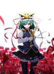  1girl arm_ribbon belt black_legwear blue_eyes blurry depth_of_field epaulettes flower frown green_hair hat hat_ribbon high_collar highres long_sleeves looking_at_viewer petals pointy_ears ribbon ribbon-trimmed_legwear ribbon_trim rihito_(usazukin) rod_of_remorse shiki_eiki short_hair skirt solo spider_lily thighhighs touhou tsurime vest white_background wind zettai_ryouiki 